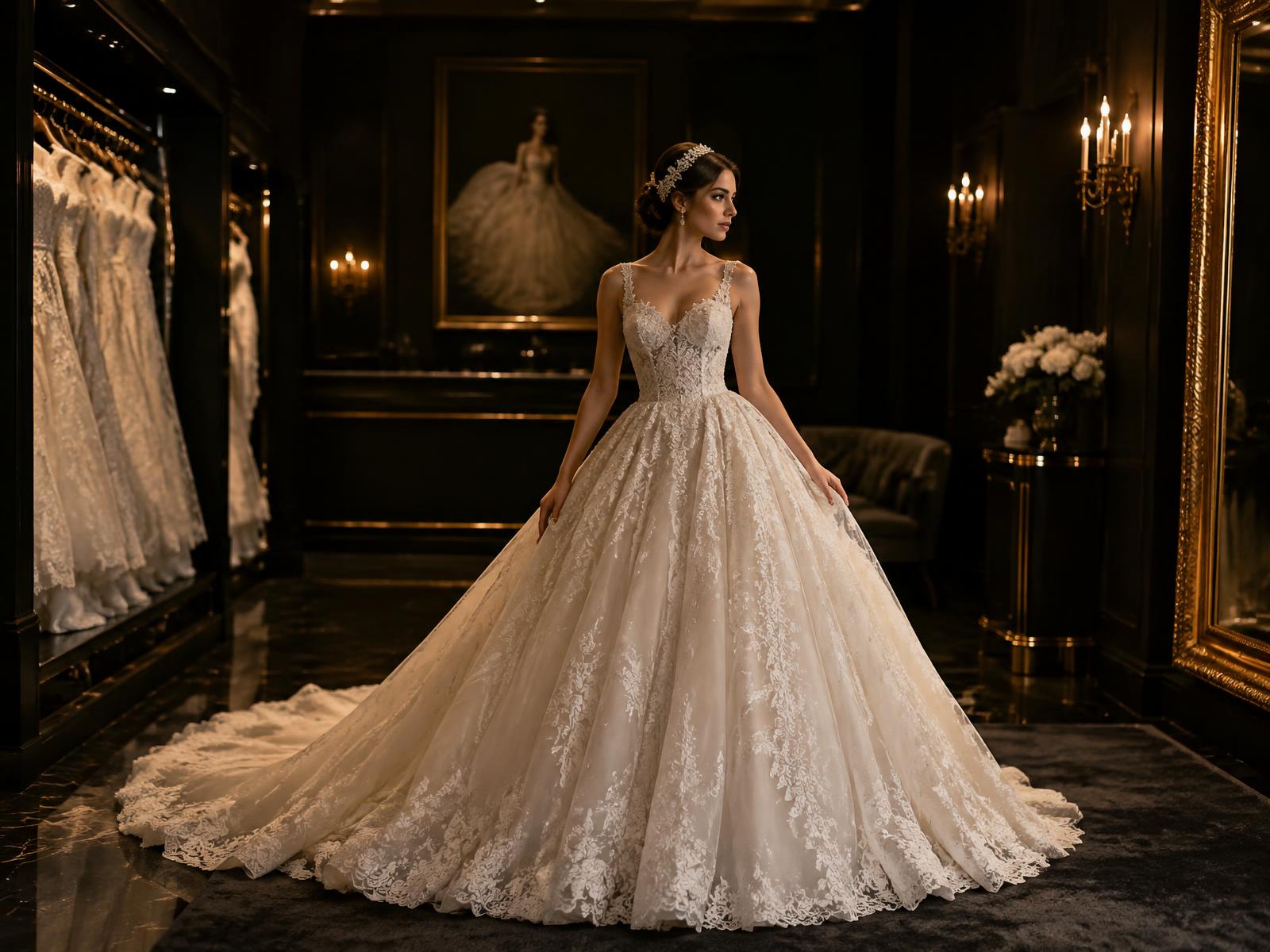 Mireasă într-o rochie din dantelă, în showroom